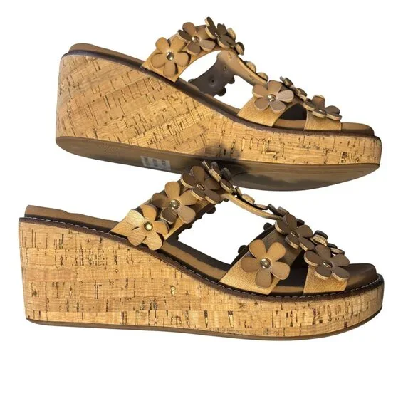 Corkys Floral Wedge Sandals Size 8 Cognac Slip-On Summer Shoes - Picture 2 of 8